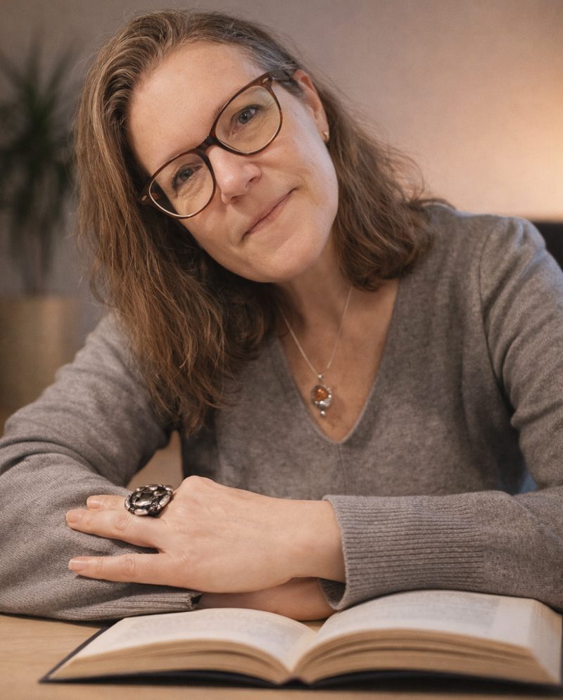 KI-generiertes Porträt von Eva Gitta Glöckner am Tisch mit einem aufgeschlagenen Buch