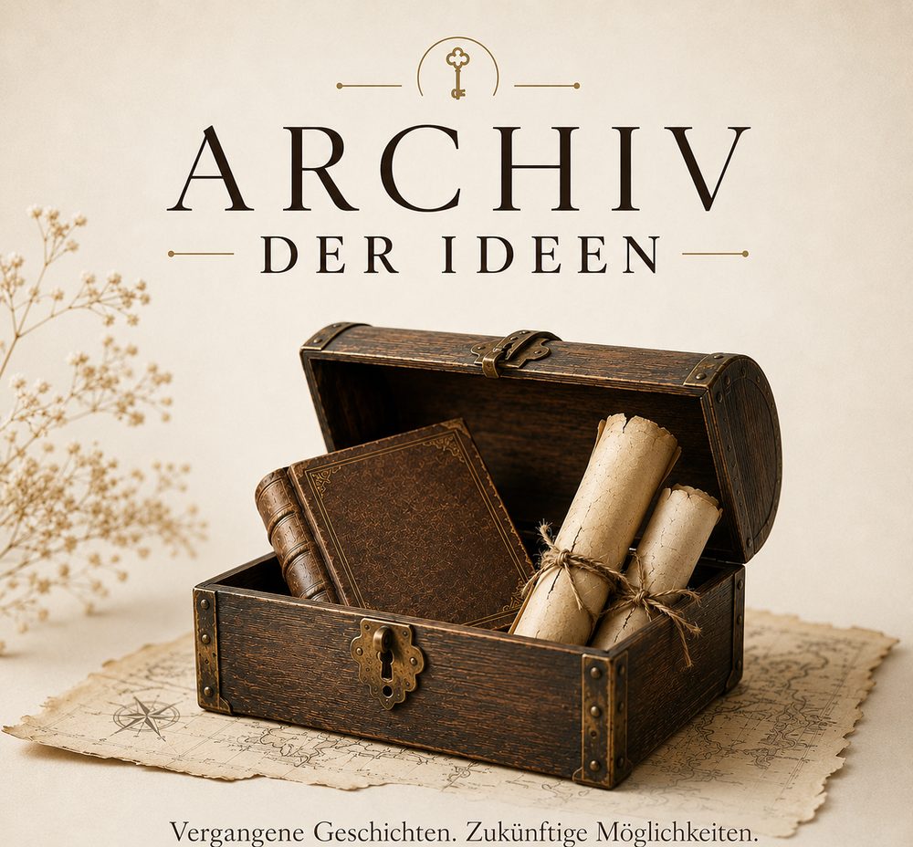 Geöffnete Holztruhe mit Buch und Schriftrollen, darüber der Schriftzug Archiv der Ideen