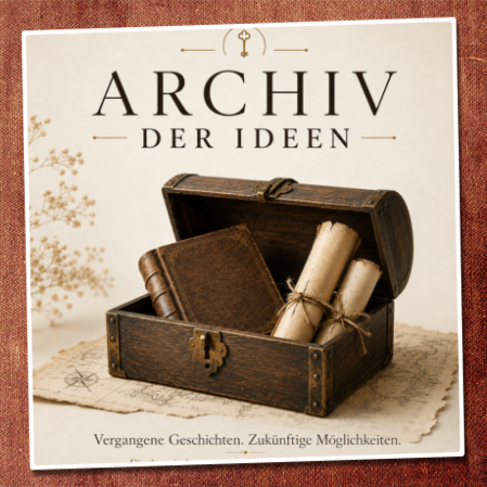 Logofür das Archiv der Ideen, darauf sichtbar eine edle Truhe, halboffen, innen zwei Pergamentrollen und ein Buch. Die Truhe steht auf einer Schatzkarte